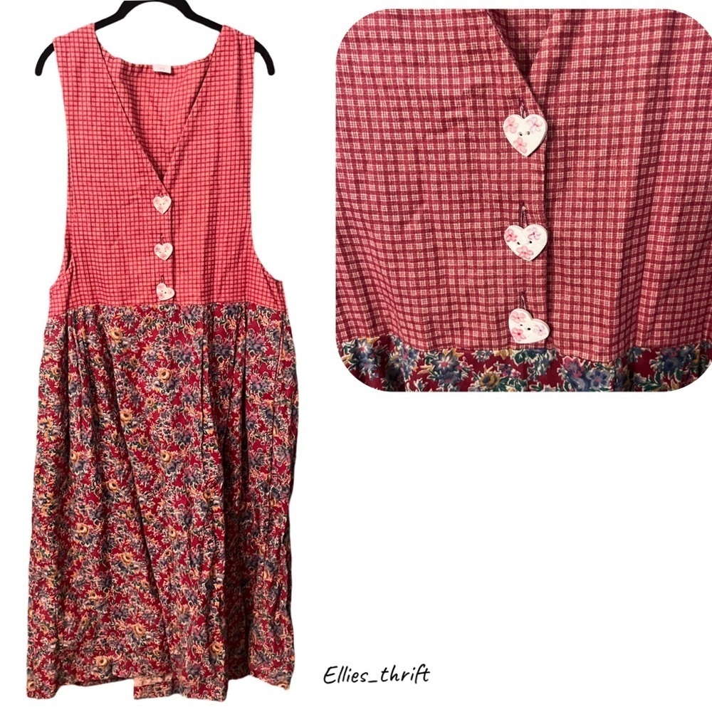 Burgundy Floral Gingham Pinafore Dress 80s 90s Vintage Layering Midi with Pocket